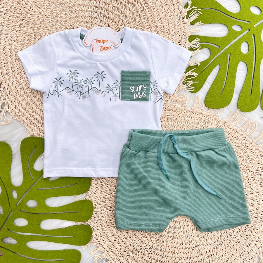 Conj. Camiseta Bolsinho Sunny Days e Bermuda - Branco e Verde